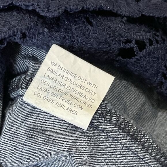 La Reyna Denim Lace Off The Shoulder Dress Pockets Side Zip Boho Cottagecore S - Picture 11 of 11